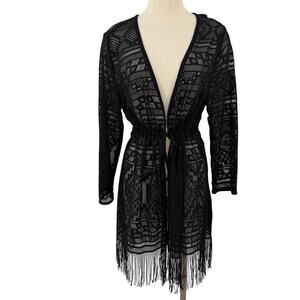 Dotti Fringed Coverup Kimono Black Mesh Geometric XL Long Sleeve
